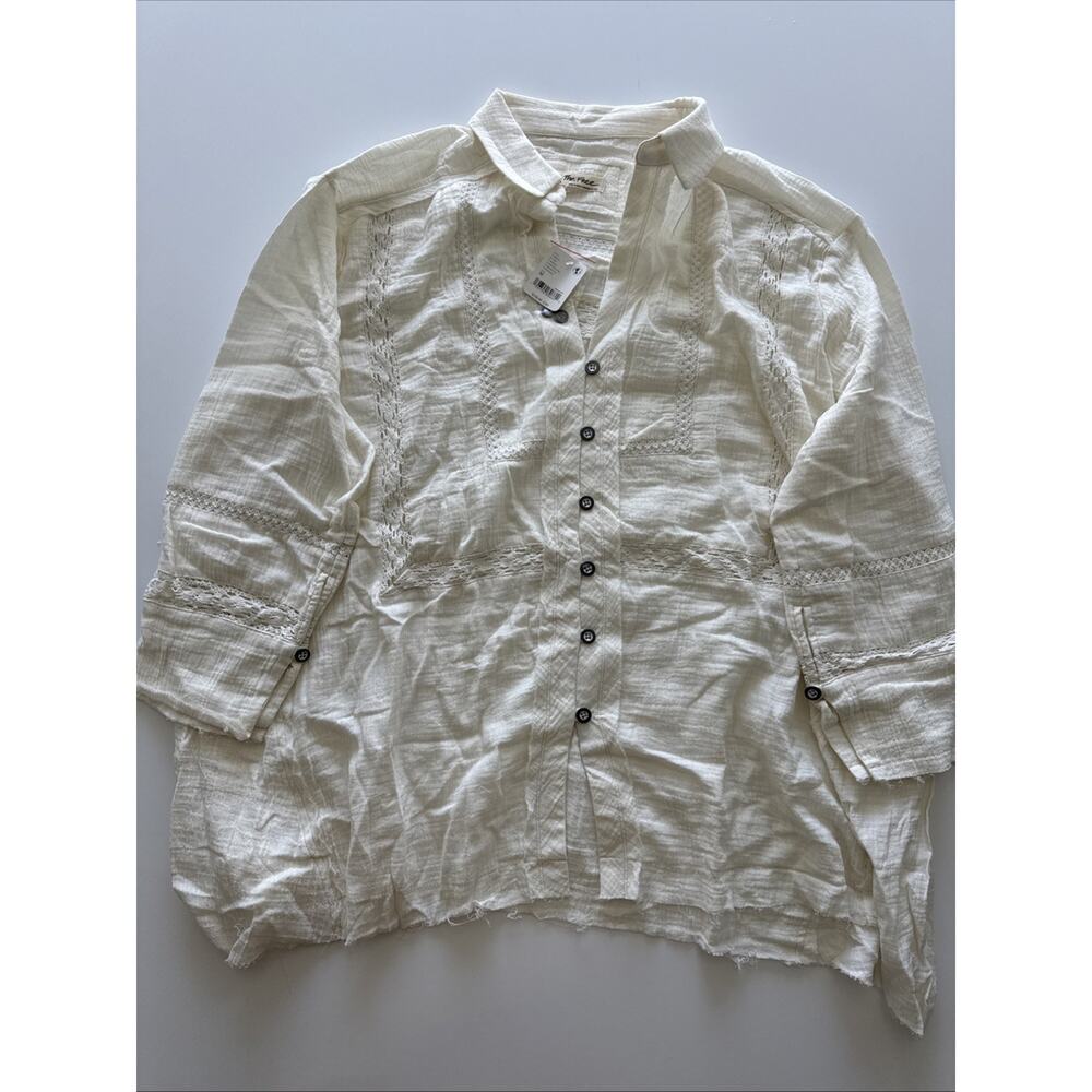 Free People Ranch Wash Shirt We The Free Button Lace Insert Oversize White M NWT - Picture 2 of 8